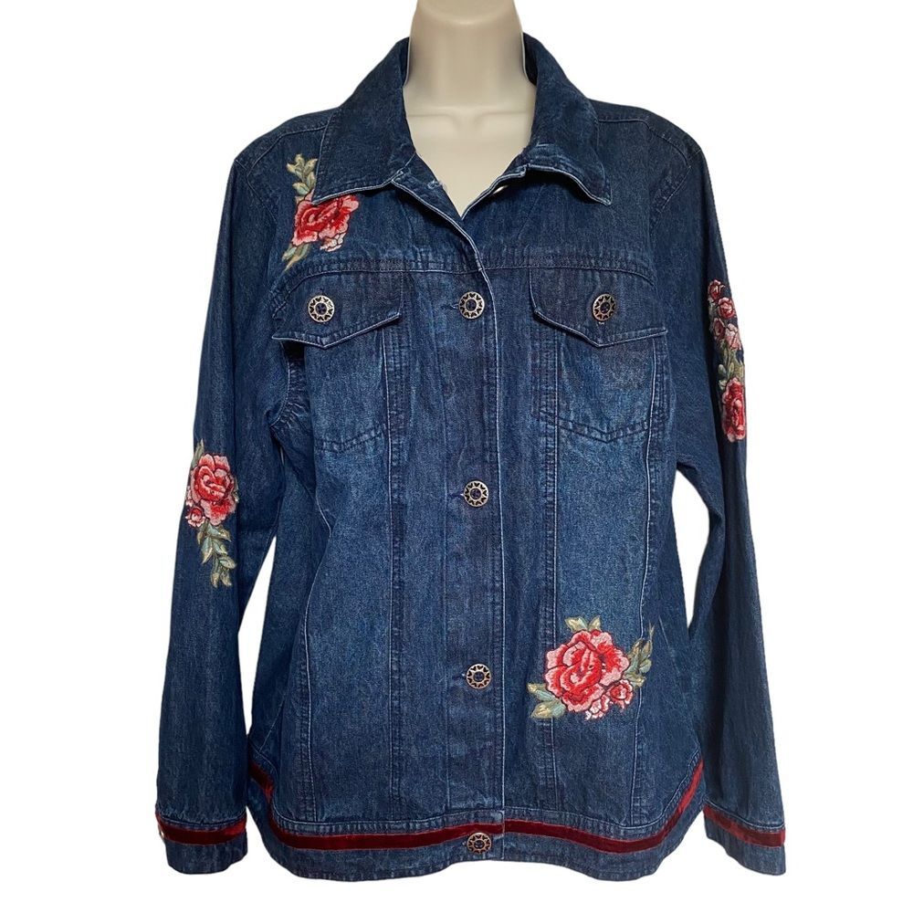 Vintage Serengeti Floral Embroidered Front & Sleeves Velvet Trim Denim Jacket XL